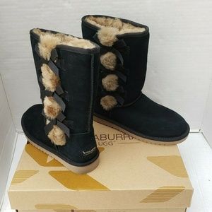 New KOOLABURRA by UGG Black Boots Victoria Fur Lined Brown Cream Bows